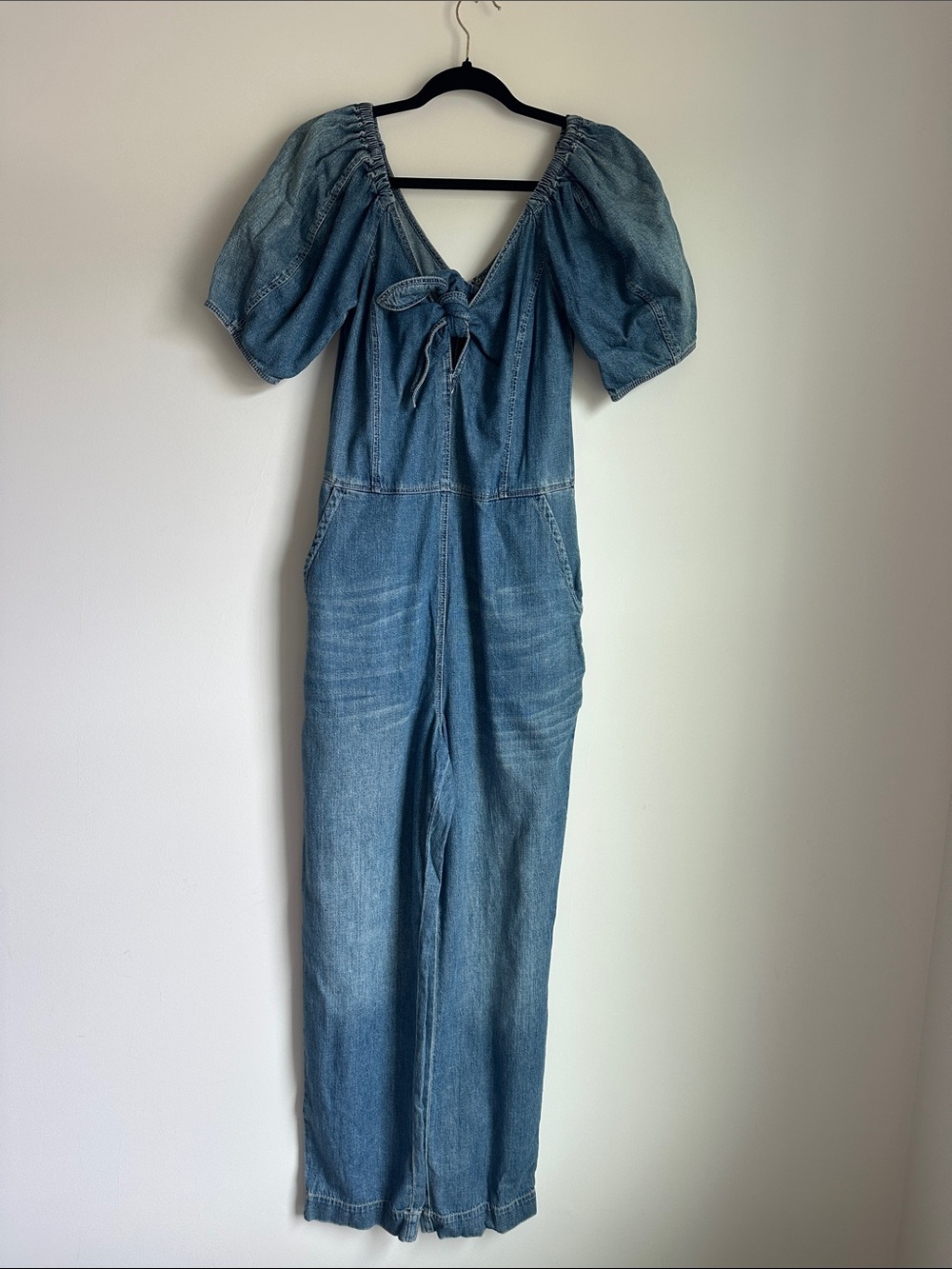 Denim Puff-Sleeve Tie-Front Jumpsuit - Blue